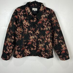 Kaktus Silk Black Floral Embroidery Quilted Button Front Jacket Size XL
